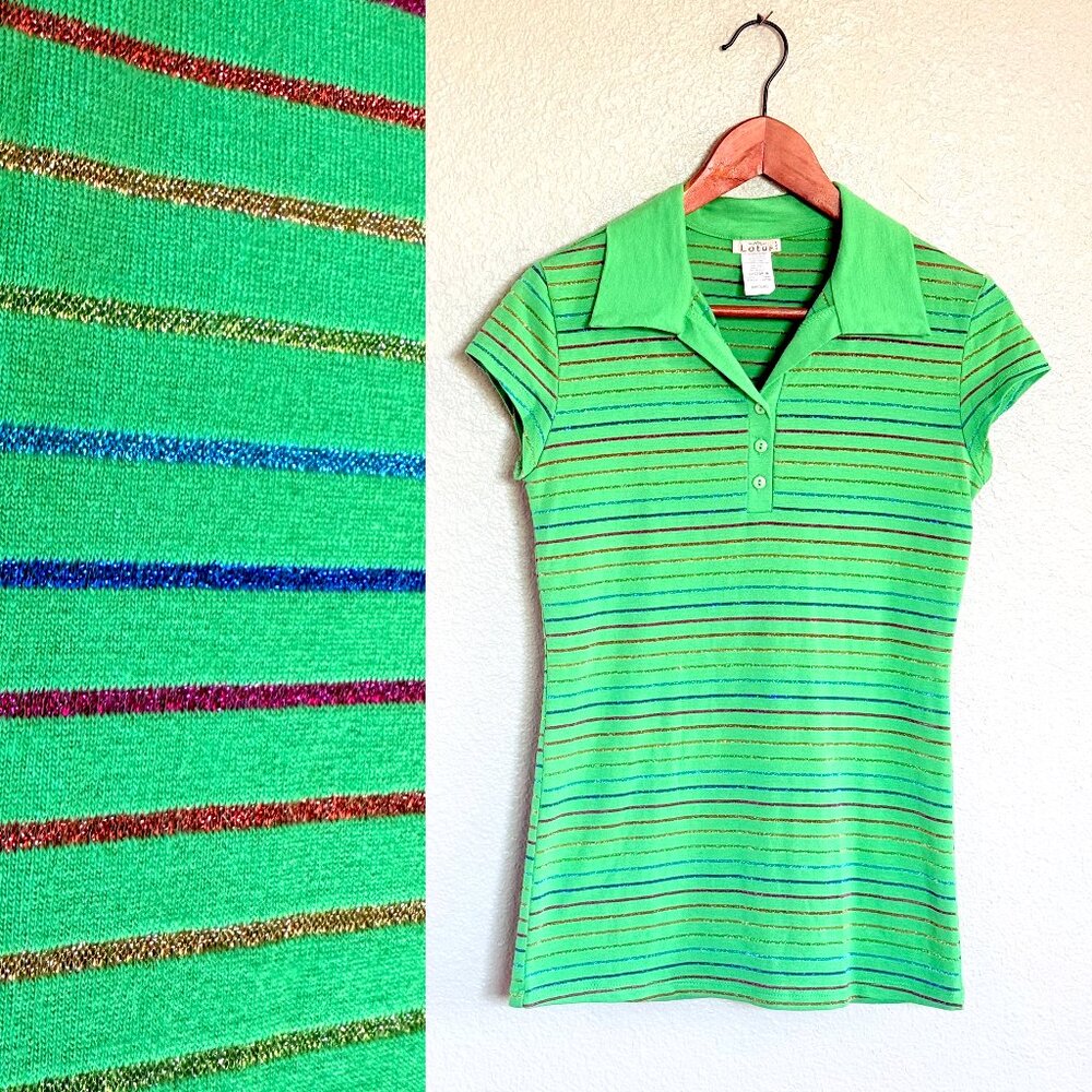 VTG Y2k Baby Tee Rainbow Glitter Striped Women's Green Tennis Polo | Lotus Sz M